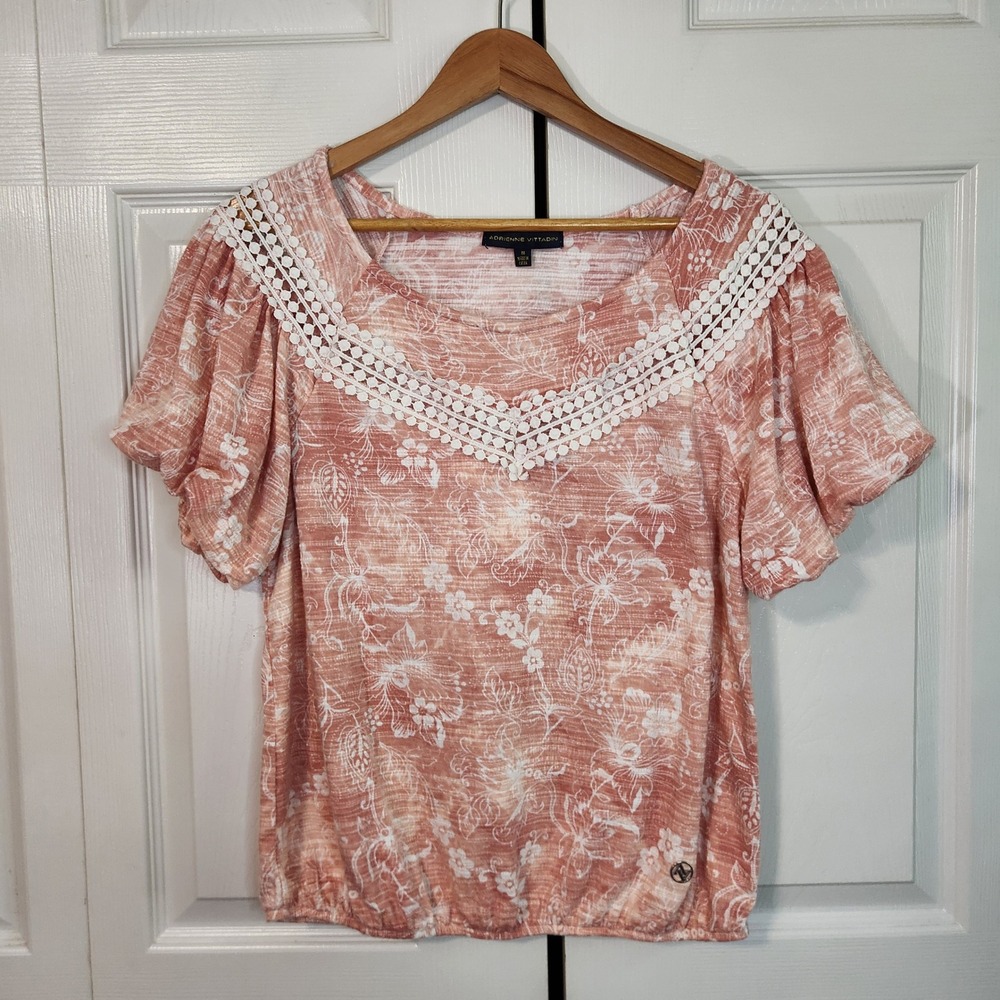 Adrienne Vittadini Coral Floral Crochet Lace Puff Sleeve Blouse Size Med Cottage